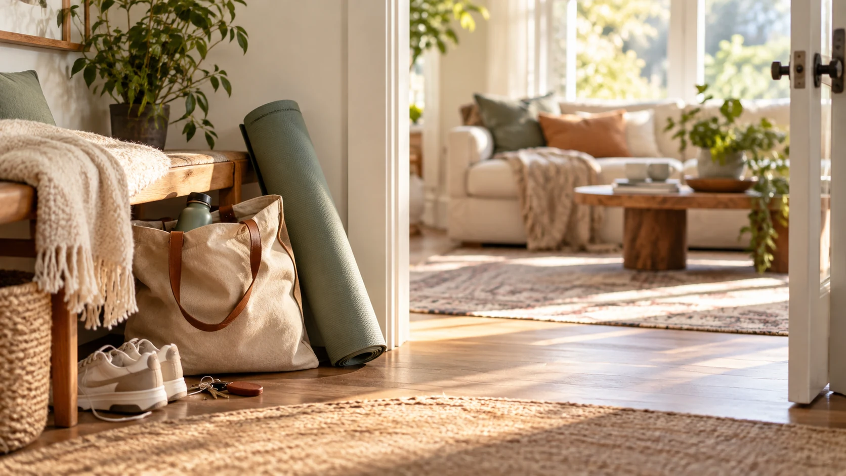 A busy home morning with a yoga mat ready by the doorway