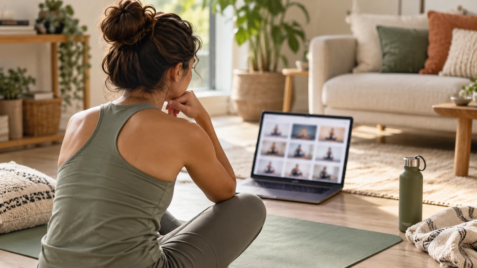 A home yoga mat facing a gentle online teacher session