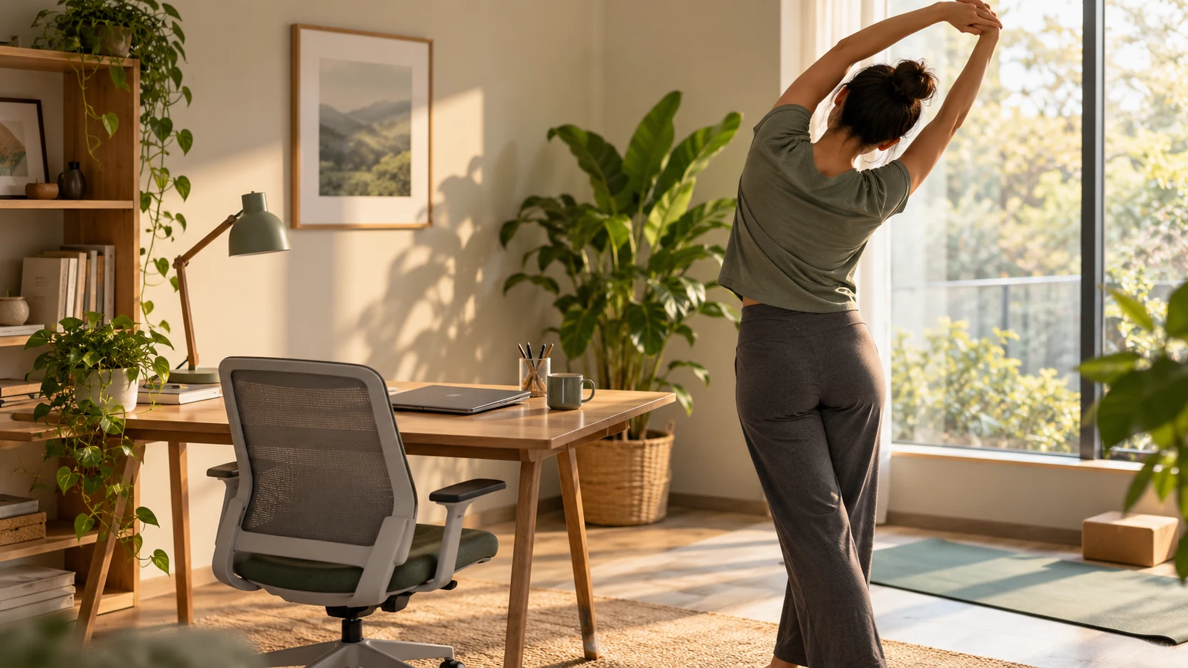 A person stretching beside a home office desk and yoga mat