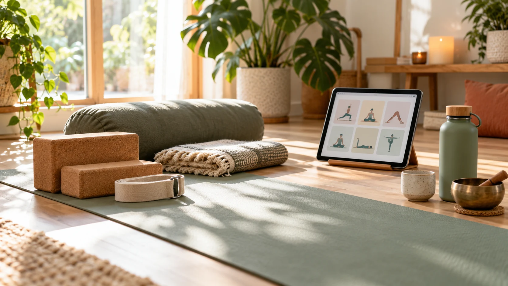 Yoga props and a mat prepared for a personalised home practice