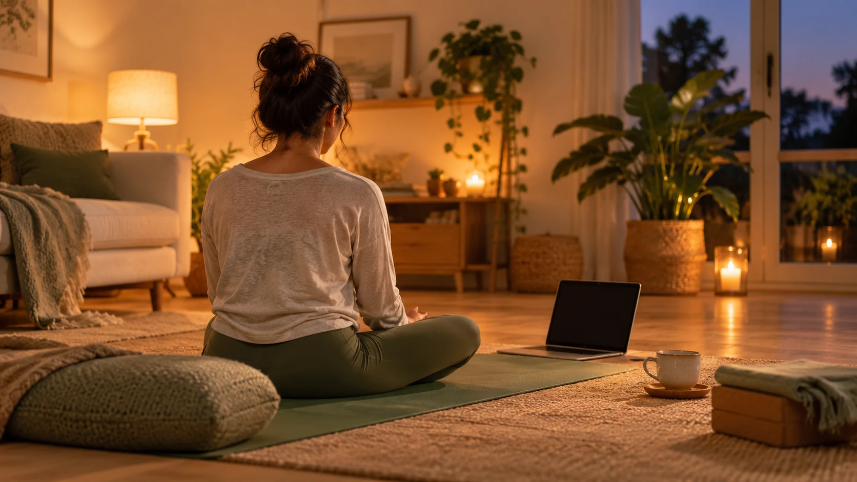 A person practising at home with a subtle online group nearby