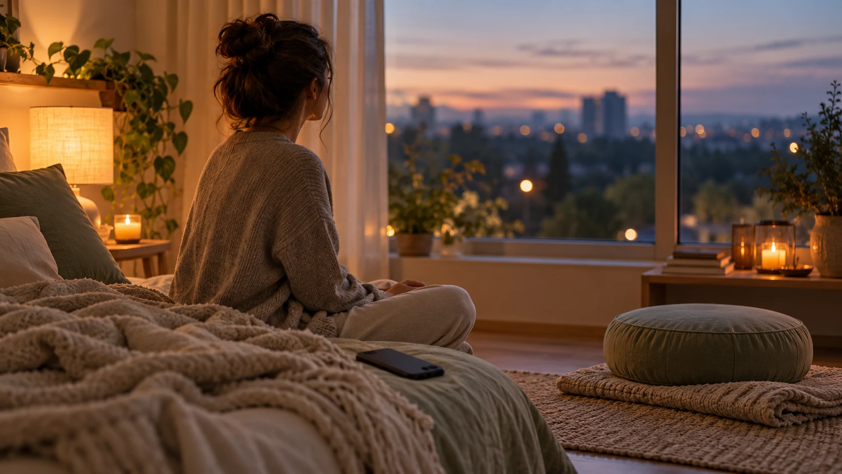 A calm evening room with phone set aside, tea, journal and meditation cushion