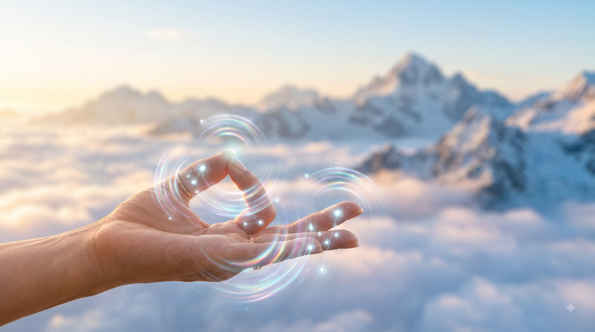 A hand resting in a mudra, thumb and index finger gently touching, above the clouds at sunrise